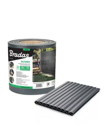 Сива оградна лента Bradas 19 см × 35 м, устойчива на UV лъчи и атмосферни влияния. Комплект с 20 фиксатора за лесен монтаж.