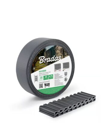 Сива оградна лента Bradas 4,75 см × 35 м, устойчива на UV лъчи и атмосферни влияния. Включени са 20 фиксатора за лесен монтаж.