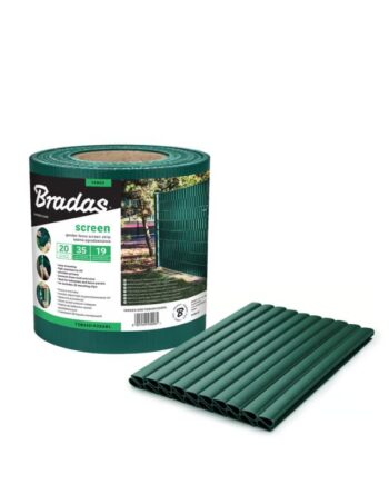 Зелена оградна лента Bradas 19 см × 35 м, устойчива на UV лъчи и атмосферни влияния. Комплект с 20 фиксатора за лесен монтаж.