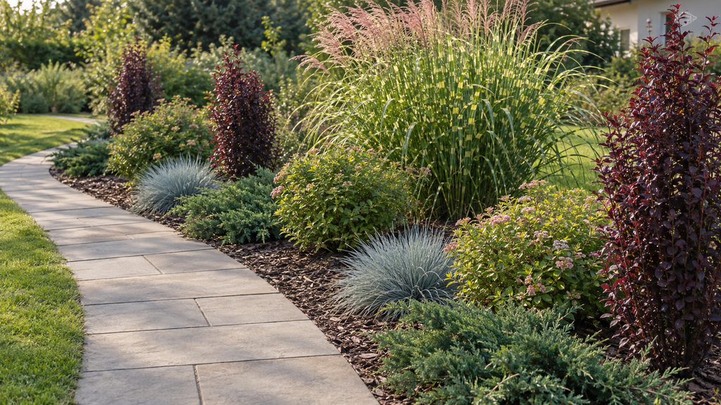 Във втората идея тревата вече е основният акцент:
1 × Miscanthus sinensis ‘Zebrinus’
3 × Berberis thunbergii ‘Helmond Pillar’
3 × Spiraea japonica ‘Little Princess’
3 × Festuca glauca
3 × Juniperus horizontalis ‘Prince of Wales’