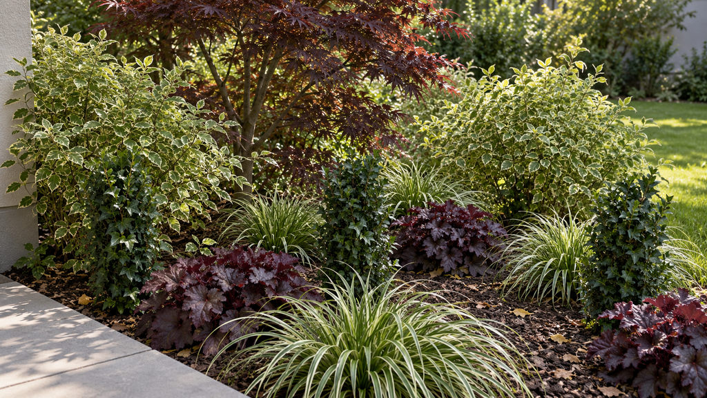 Последната идея нарочно е съвсем различна:
1 × Acer palmatum ‘Bloodgood’
3 × Cornus alba ‘Elegantissima’
4 × Carex ‘Ice Dance’
3 × Heuchera с тъмна листна маса
3 × Hedera helix ‘Erecta’
Тук няма нито суха почва, нито силно целодневно слънце.