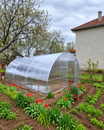 Оранжерия Primaterra Agro с ширина 4 м, височина 2,30 м, поликарбонат 4 мм и 4 врати. Подсилена конструкция със снежно натоварване до 180 кг/м².